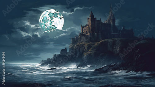 Abandoned Ancient Castle in Moonlight, Haunting Ocean Cliff, Generative AI