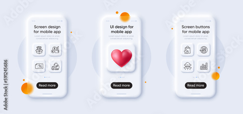 Loyalty points, Currency rate and Graph chart line icons pack. 3d phone mockups with heart. Glass smartphone screen. Gas price, Cashback, Fraud web icon. Bribe, Discount banner pictogram. Vector