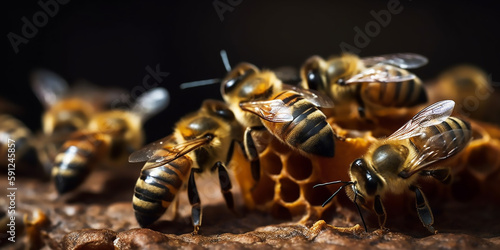 A close-up of bees in action: honeycombs and workers