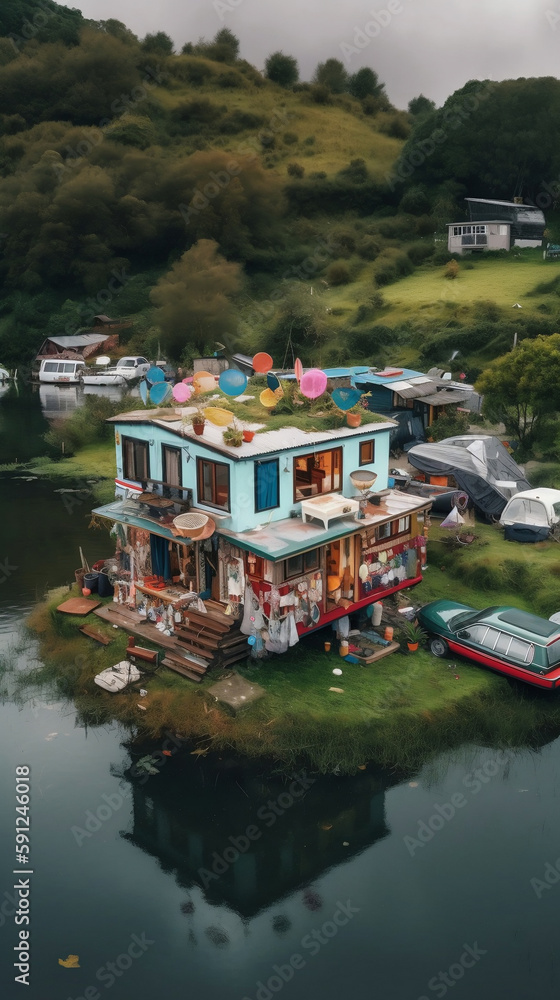 trailer house by the lake, generated with AI tools