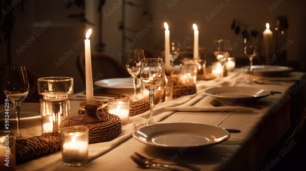 Bohemian and rustic cozy wedding table decor, AI generated 