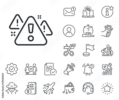 Attention triangle sign. Salaryman, gender equality and alert bell outline icons. Warning line icon. Caution alert symbol. Warning line sign. Spy or profile placeholder icon. Vector