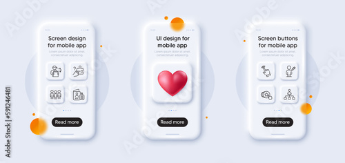 Management, Search puzzle and Group line icons pack. 3d phone mockups with heart. Glass smartphone screen. Passport, Food delivery, Hold heart web icon. Cursor, People vaccination pictogram. Vector