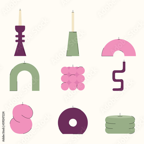 Set of modern home decor candles. Soy and paraffin candles in minimalist style. Vector illustration of objects set on one artboard.