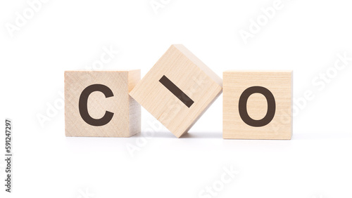 cio - wooden blocks with letters, top view on white background