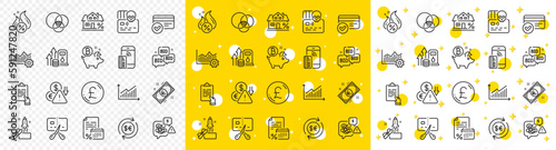 Outline Pound money, Bitcoin coin and Clipboard line icons pack for web with Bankrupt, Euro money, Mortgage line icon. Euler diagram, Calendar tax, Fuel price pictogram icon. Hot loan. Vector