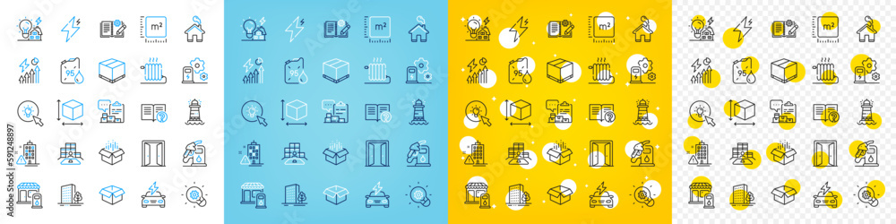 Vector icons set of Radiator, Box size and Petrol station line icons pack for web with Square meter, Opened box, Innovation outline icon. Home, Car charging, Lighthouse pictogram. Vector Vector icons set of Radiator, Box size and Petrol station line icons pack for web with Square meter, Opened box, Innovation outline icon. Home, Car charging, Lighthouse pictogram. Vector