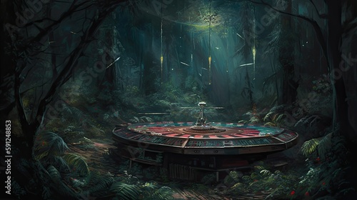 Casino Roulette inside a dark forest during the night