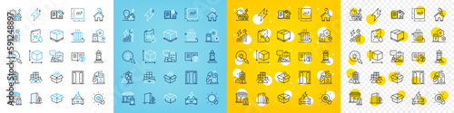 Vector icons set of Radiator, Box size and Petrol station line icons pack for web with Square meter, Opened box, Innovation outline icon. Home, Car charging, Lighthouse pictogram. Vector © blankstock