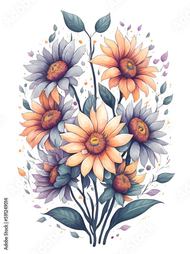 Painted colorful watercolor flowers. AI generated illustration