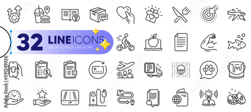 Outline set of Shop app, Targeting and Seo gear line icons for web with Gps, Delivery service, Food thin icon. Reject checklist, Pets care, Search flight pictogram icon. Renew card. Vector