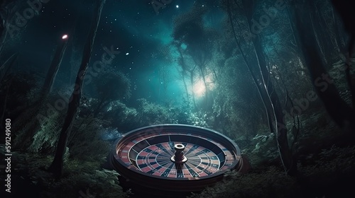 Casino Roulette inside a dark forest during the night