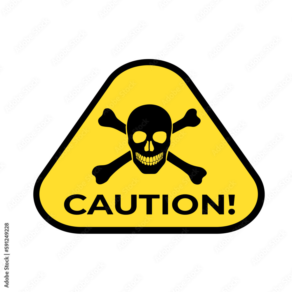 A skull in a black silhouette with crossed bones with the inscription CAUTION in a yellow triangle with a black outline on a square white background. Badges, individual elements. Vector illustration. A skull in a black silhouette with crossed bones with the inscription CAUTION in a yellow triangle with a black outline on a square white background. Badges, individual elements. Vector illustration.