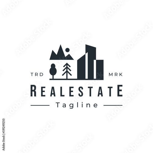Real estate building and nature logo concept. Apartment city natural tree and mountain minimal flat illustration