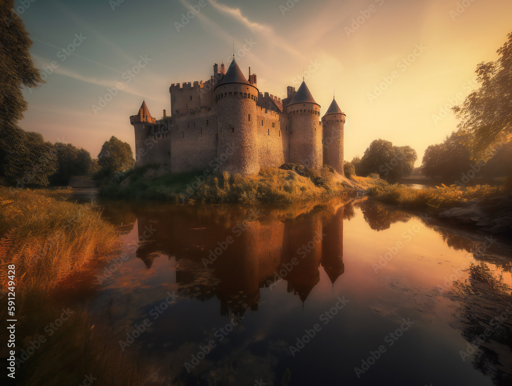 Ancient castle at sunset, majestic architecture, warm golden light, generative AI
