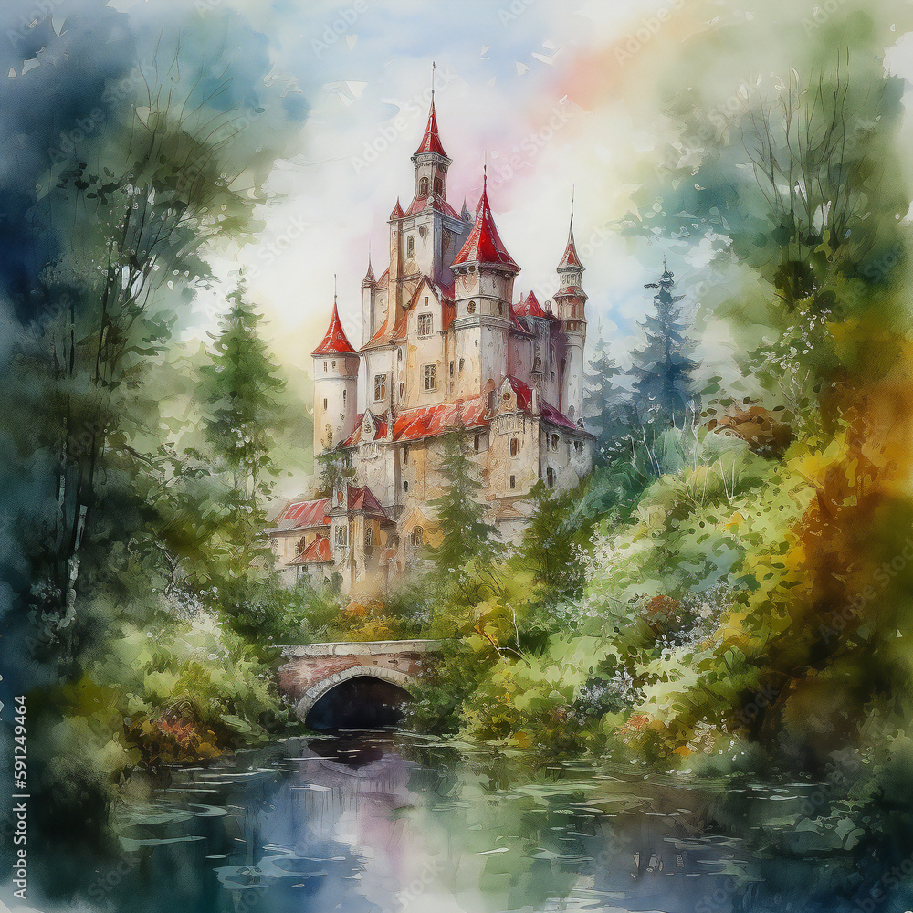Fairytale ancient castle, enchanted forest, watercolor painting, generative AI
