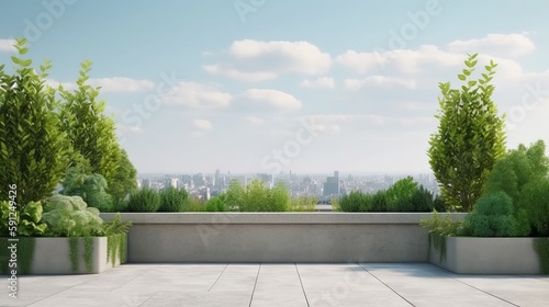 3D display podium. Rooftop garden 3D background, green terrace podium display with lush plants, flowers, and panoramic city views. Urban oasis setting for cosmetic product presentation. Generative ai.