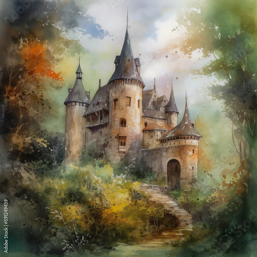 Fairytale ancient castle, enchanted forest, watercolor painting, generative AI 