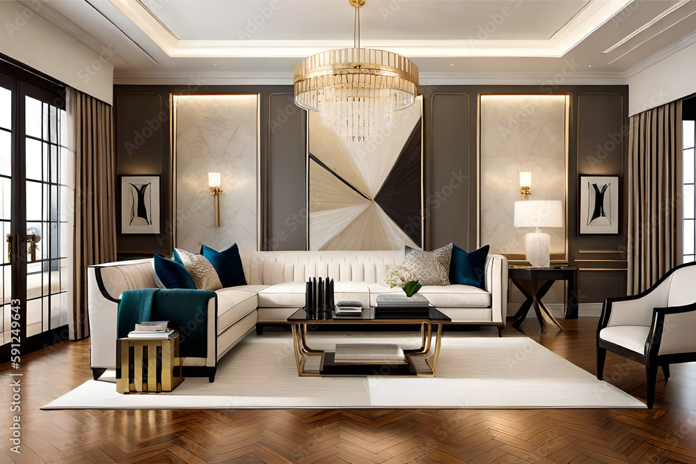 Image showcasing Interior design of a Hollywood glam living room that incorporates ...