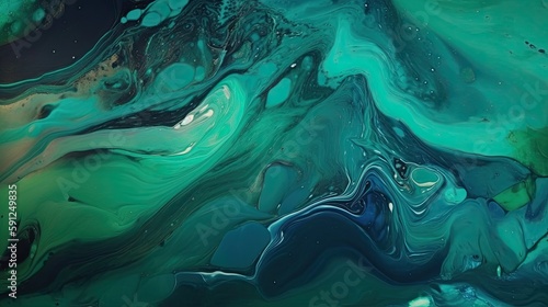 Alcohol ink abstract background, marble texture, green color, color in motion. Dreamy surreal design. Generative AI. 