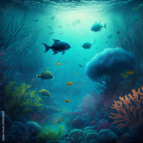 Different fish breeds under the sea with corals and plants