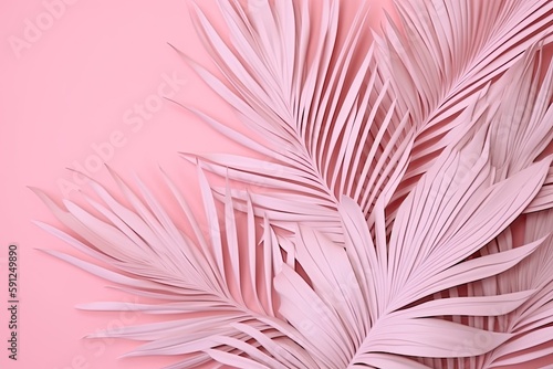 Palm leaves from white paper on pink background. Popular summer color accent. Abstract illustration. Digital graphic design. Generative AI.