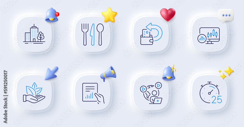 Cash back, Skyscraper buildings and Document line icons. Buttons with 3d bell, chat speech, cursor. Pack of Candlestick chart, Food, Organic product icon. Timer, Video conference pictogram. Vector Cash back, Skyscraper buildings and Document line icons. Buttons with 3d bell, chat speech, cursor. Pack of Candlestick chart, Food, Organic product icon. Timer, Video conference pictogram. Vector