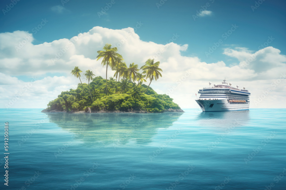 Large cruise ship in tropical landscape. Tourism vacation and summer traveling. Luxury liner ship in the sea. Created with Generative AI