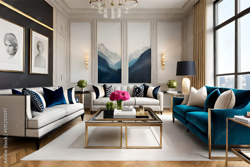 Image showcasing Interior design of a Hollywood glam living room that incorporates ...