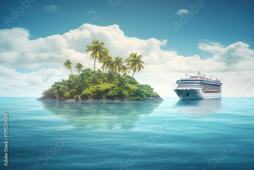 Large cruise ship in tropical landscape. Tourism vacation and summer traveling. Luxury liner ship in the sea. Created with Generative AI