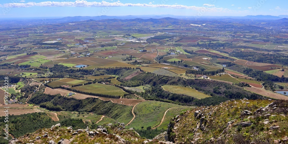 wine farms aerial view  from the mountains in Stellenbosch, Cape Town, South Africa 