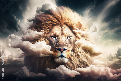 Lion in the clouds. Generative AI.