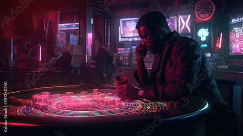 An illustration of a man playing casino roulette inside a futuristic casino