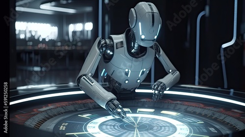 An illustration of a robot playing casino roulette inside a futuristic casino