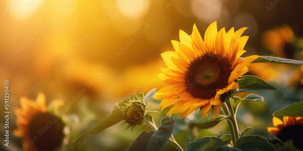 Naklejka premium Sunflower. Sunflowers field. Sunflower on a blurred summer nature background. Elegant Floral Background for greeting card for Birthday, Fathers Day, Mother's day. Generative ai illustration