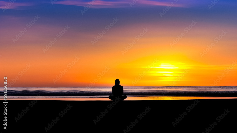 Silhouette of a person practicing mindfulness overlooking the ocean at sunset with their back to the camera