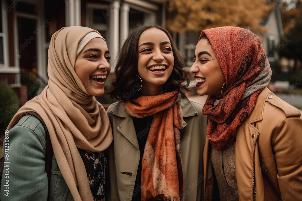 Three happy Empowered muslim women friends  interacting with each other and smiling. Inclusion concept. Generative AI. - obrazy, fototapety, plakaty 