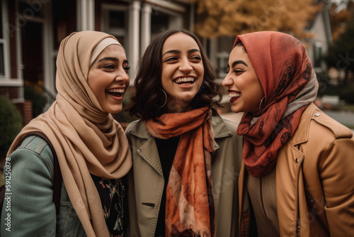 Three happy Empowered muslim women friends  interacting with each other and smiling. Inclusion concept. Generative AI. © Oier