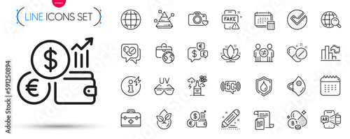 Pack of Fake news, Augmented reality and Medical mask line icons. Include Calendar, Sunglasses, Globe pictogram icons. Alcohol addiction, Brand contract, First aid signs. Medical drugs. Vector