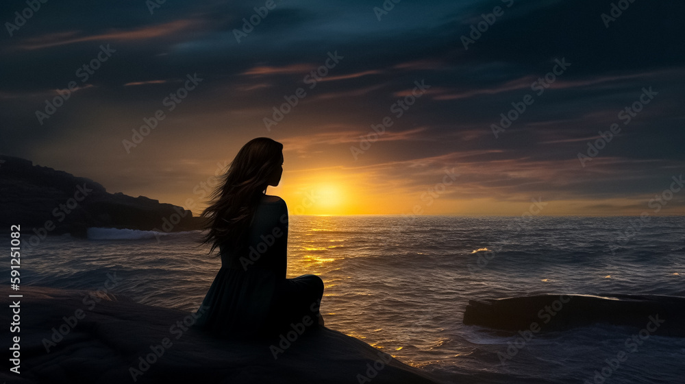 Silhouette of a woman practicing mindfulness overlooking an ocean with their back to the camera