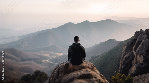 A person practicing mindfulness overlooking a foggy valley with their back to the camera
