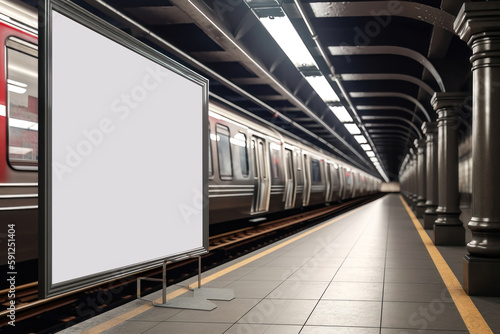Mock up Poster media template Ads display in NYC Train Subway Station. AI generated