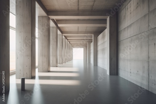 Modern concrete corridor interior with empty mock up place on wall, pillars and daylight. AI generated