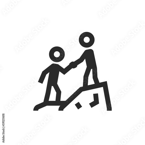 Person helps to climb a mountain, linear style icon. A mentor, a team. Editable stroke width