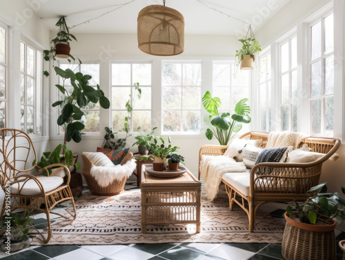 A light and airy furnished sun room conservatory with view of trees in the background Generative AI