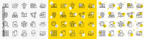 Outline Web call, Ab testing and Video conference line icons pack for web with Petrol canister, Time management, Online access line icon. Smartphone, Card, Food app pictogram icon. Vector
