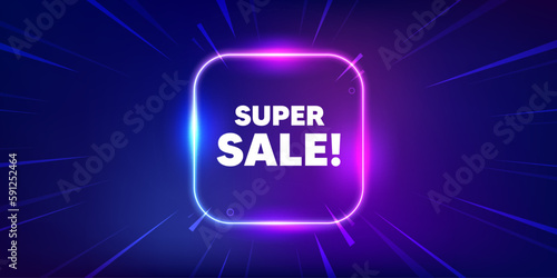 Super Sale tag. Neon light frame box banner. Special offer price sign. Advertising Discounts symbol. Super sale neon light frame message. Vector