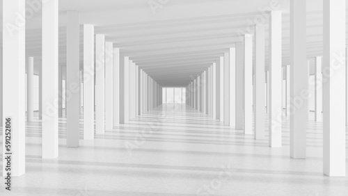 White futuristic tunnel leading to light. Modern style abstract 3d rendered background.