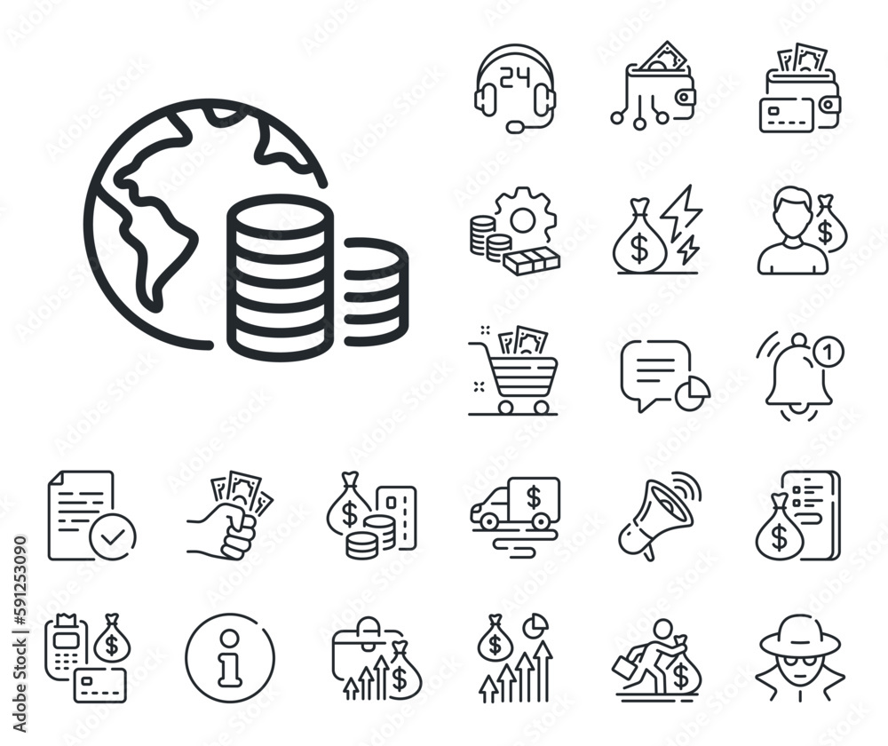 Internet financial trade sign. Cash money, loan and mortgage outline icons. World budget line icon. Global economy symbol. Budget line sign. Credit card, crypto wallet icon. Vector - obrazy, fototapety, plakaty 