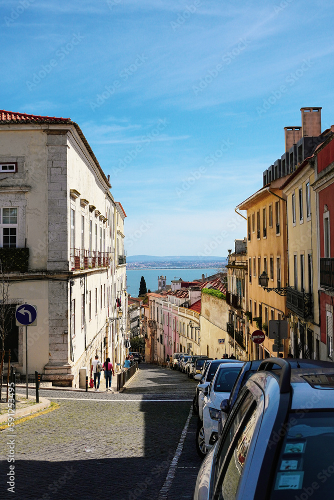 View of Lisbon street with the sea in the background
